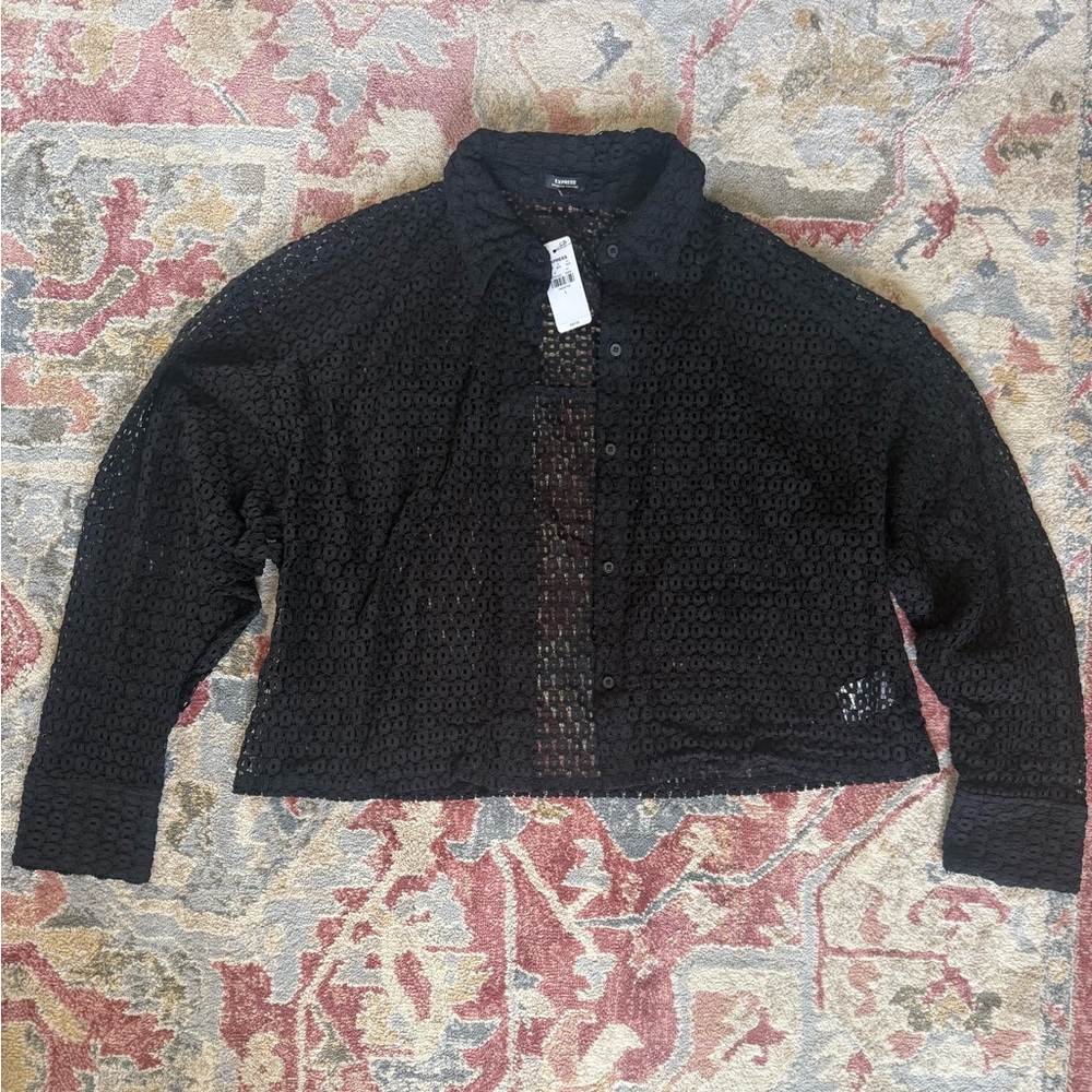 Express Boyfriend Portofino Semi Cropped Black Eyelet  Large NWT